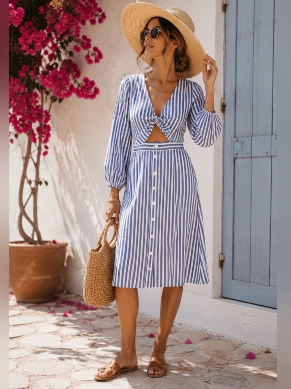 Madewell Striped Blue & White Tie-Front Midi Dress